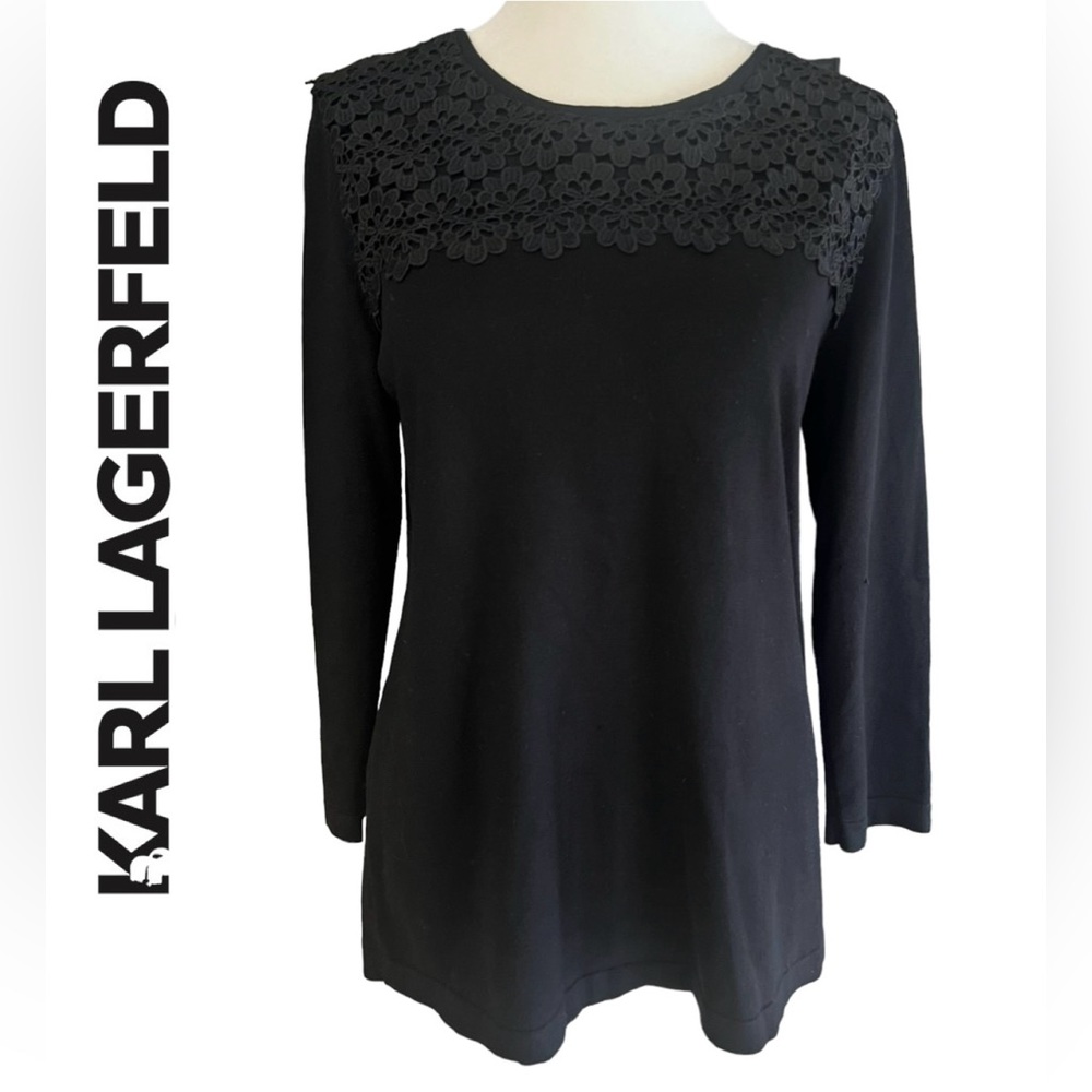 KARL LAGERFELD Crotchet Detail Black Sweater Size S Floral 3/4 Sleeves Classic